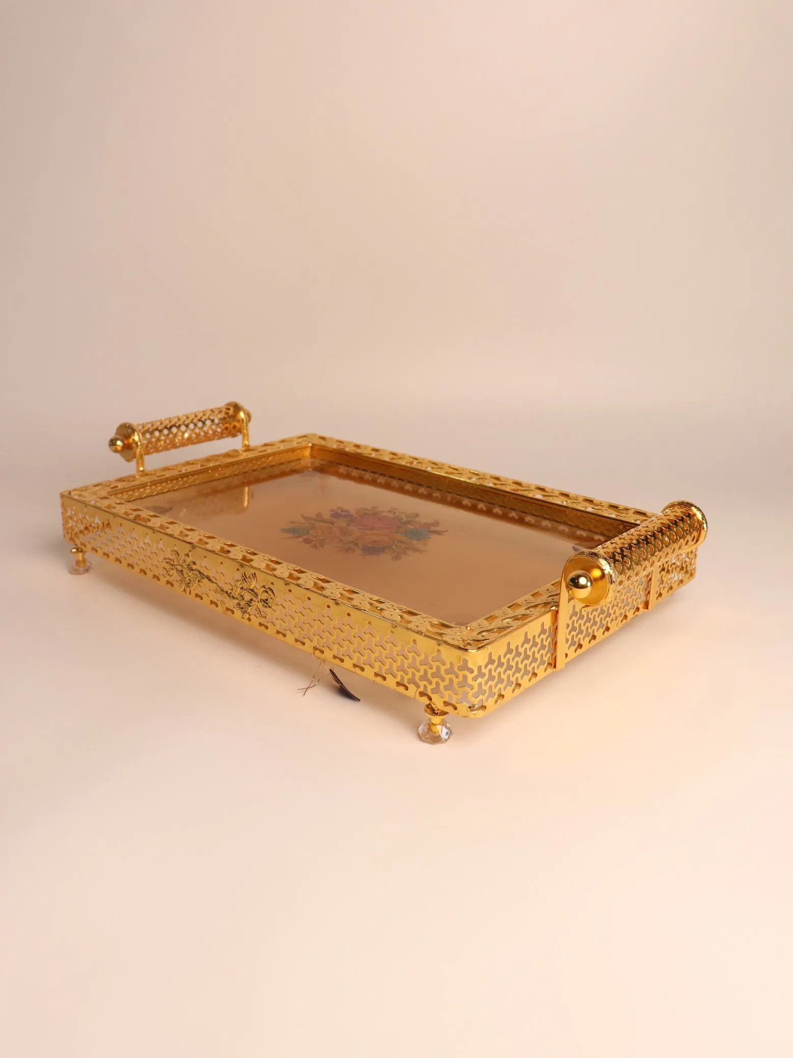Elegant Glass Rectangle Fruit Plate with Stunning Gilded Ironwork Design