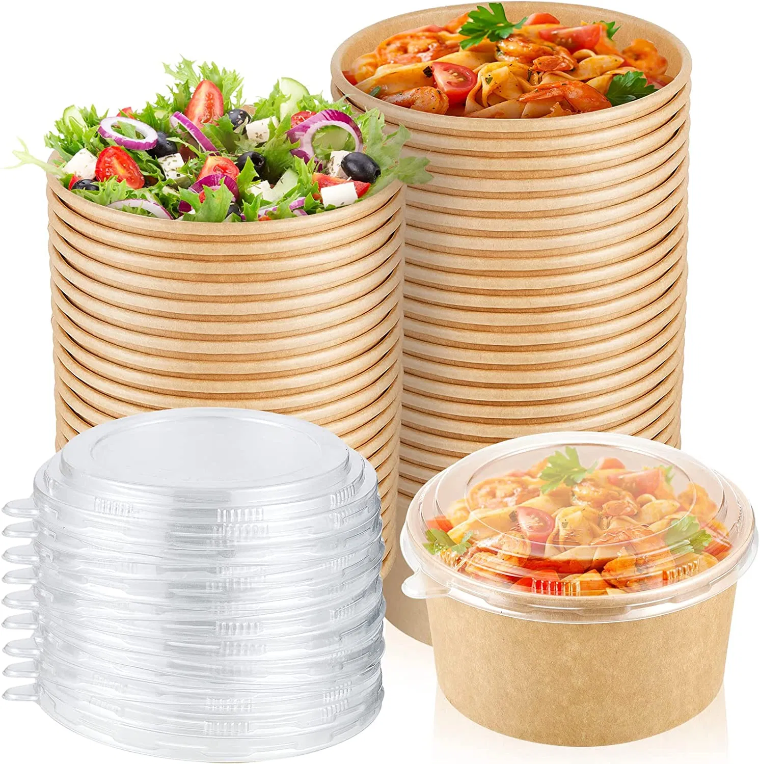Disposable 1000ml Brown Kraft Paper Salad Food Bowl with Lid