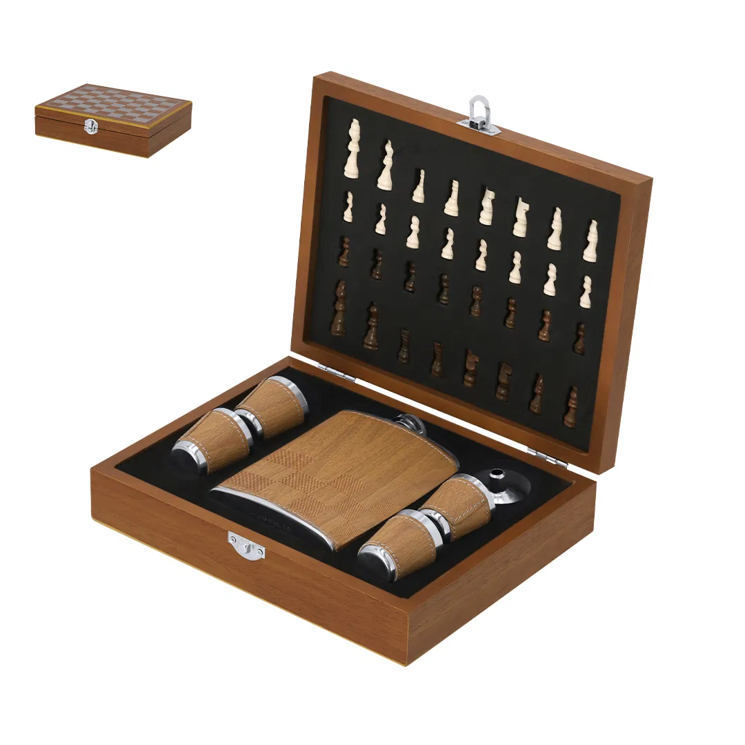 Portable Travel Wooden Chess Set with Whiskey Hip Flask Set Gift Box