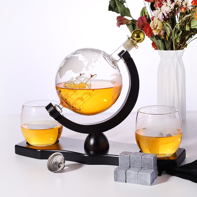 900ml Glass Globe Whiskey Decanter Set with Matching Glasses and Bar Funnel for Wine Vodka