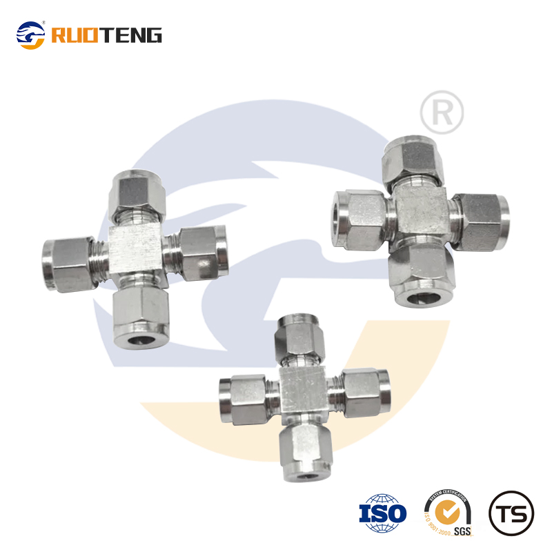 [Ruoteng] 316L Stainless Steel Forged Cross-Type Tube Union with Dual Ferrules Tube Fittings