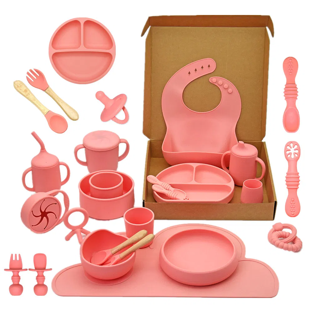 Toddler Divided Suction Plates Feeding Set Wholesale BPA Free Silicone Baby Bib Sippy Cup Spoon Baby Tableware Bowl Feeding Set