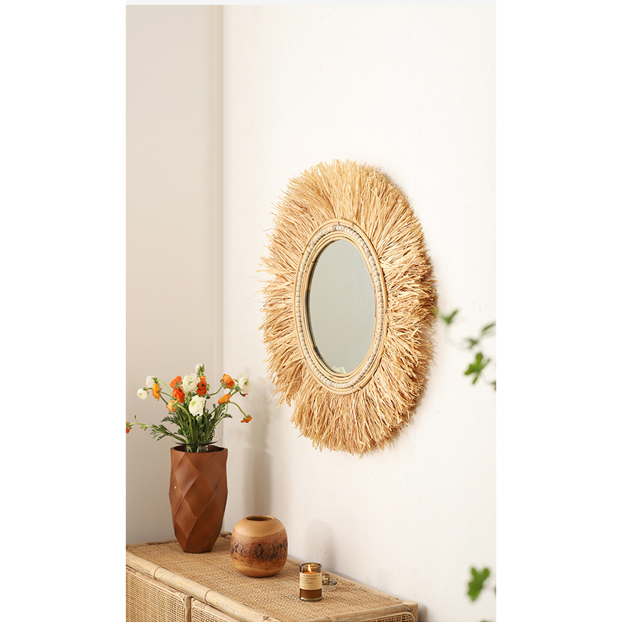 Rattan Mirror with Grass Decor