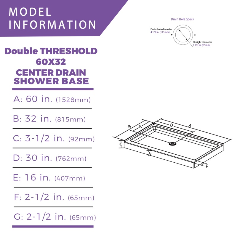 Bathroom Double Threshold Acrylic Shower Pan with Center Drain for Shower Enclosure