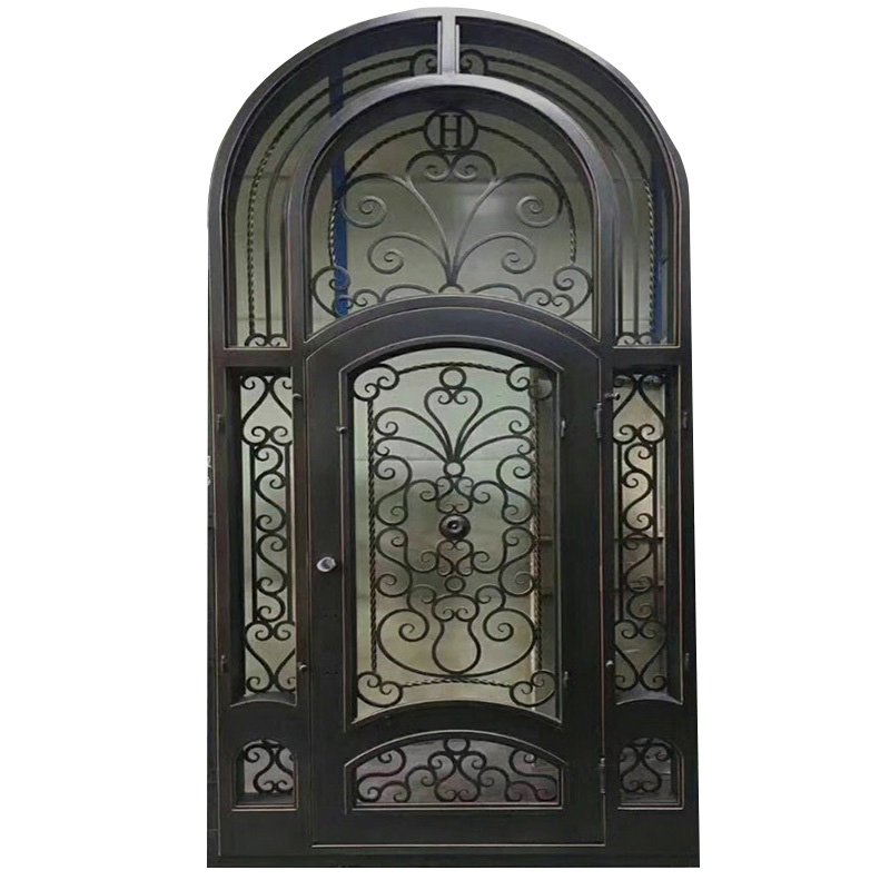 Arc Shaped Exterior Front Entry Double Security Steel Metal Wrought Iron Glass Gate Door