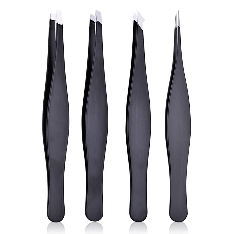 Custom Private Label Eyebrow Tweezers Stainless Steel Lash Tweezers Black Grip Eye Brow False Eyelash Tweezers Set