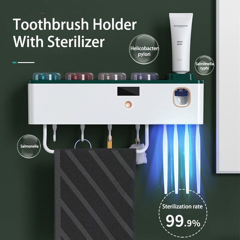 Rechargeable Bathrooms Smart Sterilizing Toothbrush Holder Toothpaste Dispenser UV Sterilizer Multi-Cup with Hook