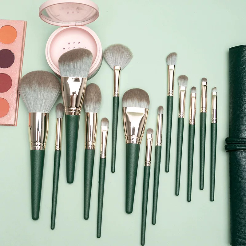 Makeup Brush Set 14PCS Premium Cosmetic Brush Foundation Blush Concealer Eyeshadow Eyebrow Highlight Green Make up Brush