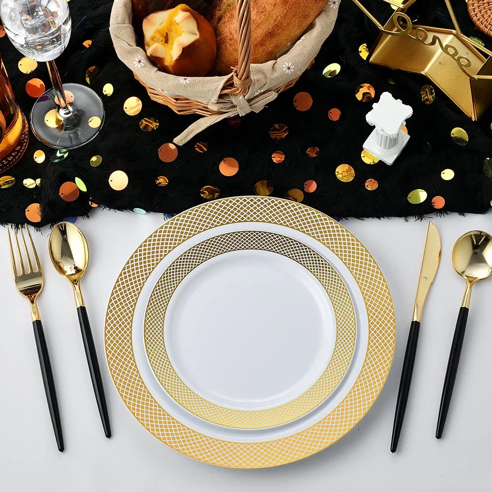 175PCS Elegant 7.5 Inch 10.25" White Plastic Plate with Gold Hollow Rim PS Charger Plates for Camping/Wedding/Party