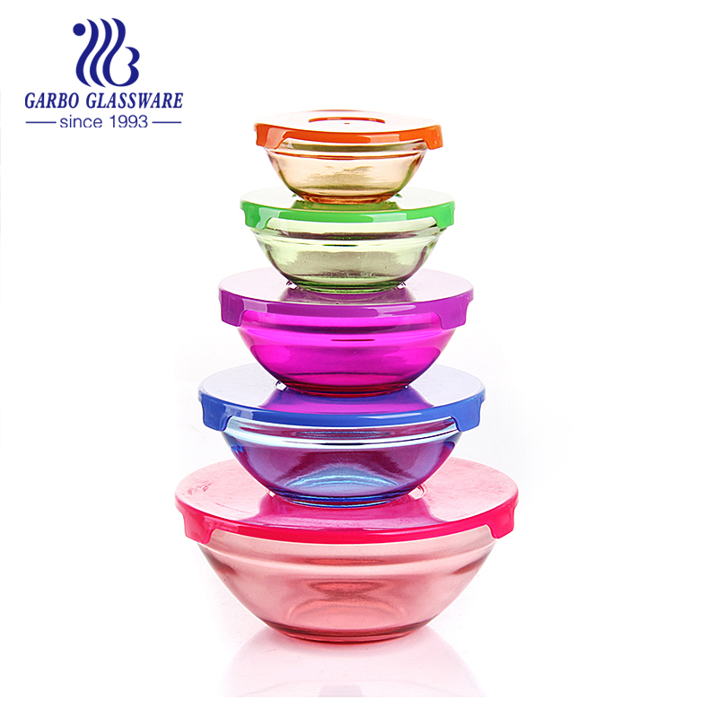 Colored 5PCS Glass Salad Bowl Set with Plastic Lids for Kitchenware Using with High Quality Tableware (GB1401-P) 5PCS Glass Bowl Set