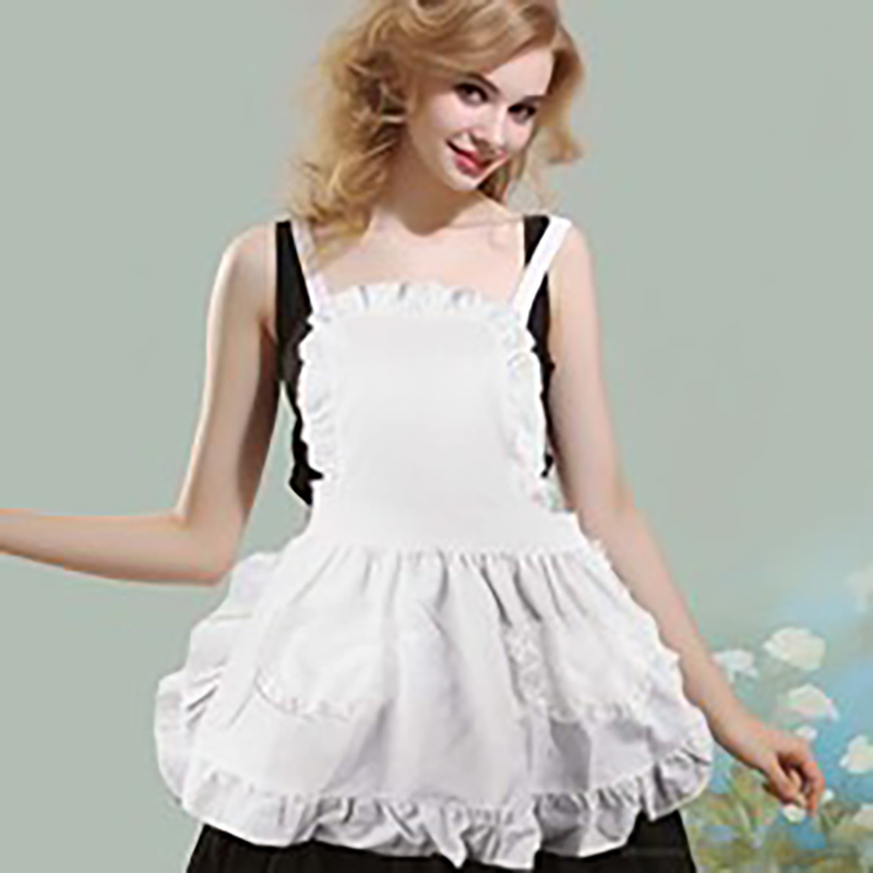 Home Full-Body Princess Apron, European-Style Pure White Full-Body Lotus Leaf Lace Double-Pocket Maid Apron
