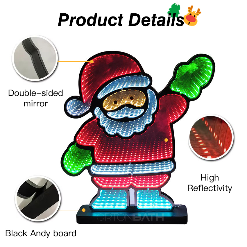 Ortonbath Santa Infinity Mirror Light with Stand LED Christmas Decoration USB Powered Santa Claus 3D LED Infinity Light Indoor Seasonal Holiday Decor