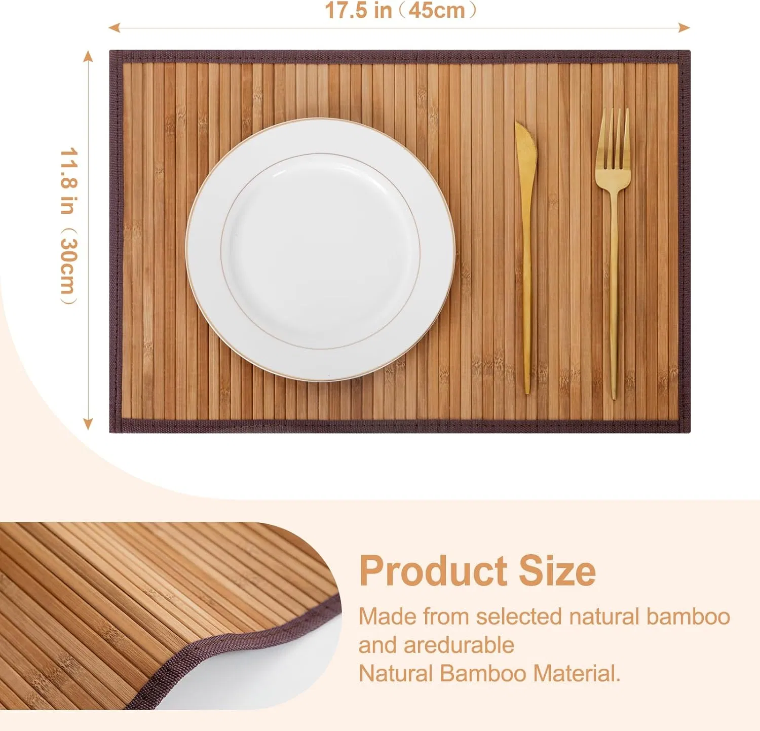 Natural Bamboo Table Matrectangular with Cloth Edge, Rollable Placemat for Dining