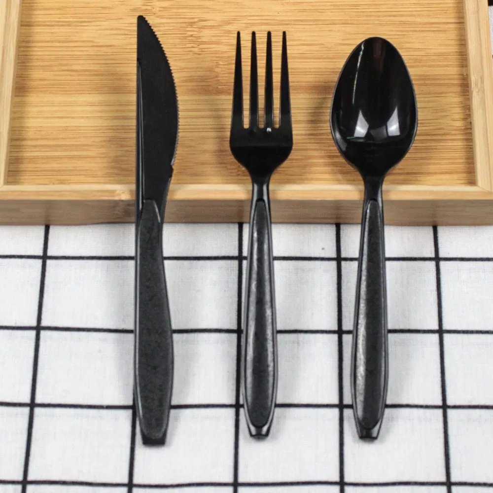 Disposable Plastic Cutlery 177mm Length PS Plastic Cutlery Set with Paper Towel Black Custom for Restaurant