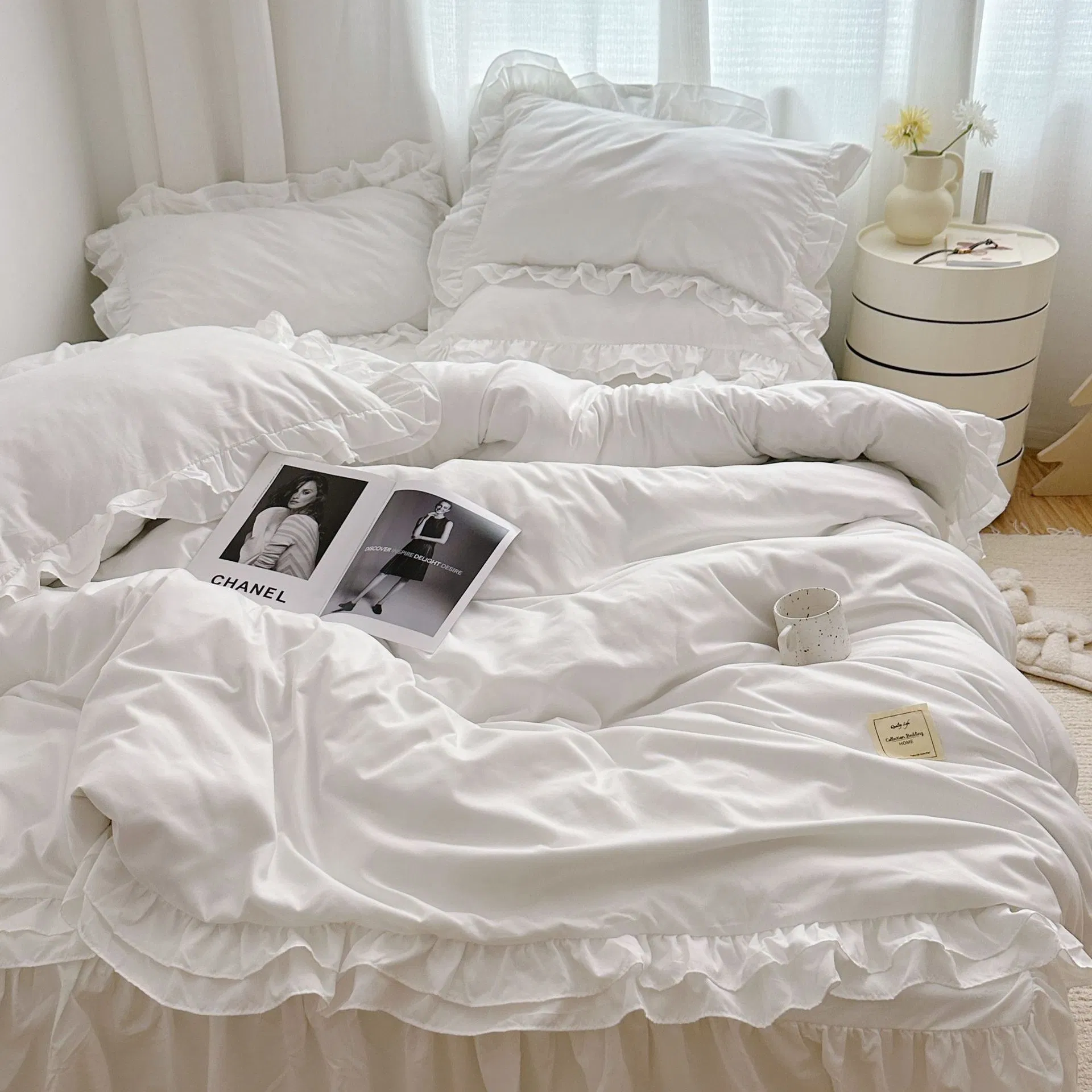 OEM Korean Version Simple Fashion Multi-Color Ruffles Washed Cotton Bed Sheets
