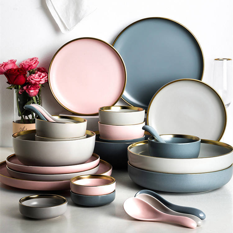 Lovable Pink Blue Porcelain Dinnerware Set with Gold Rim for Breakfast Lunch Ceramic Dinner Pasta Plate Salad Dish Tableware
