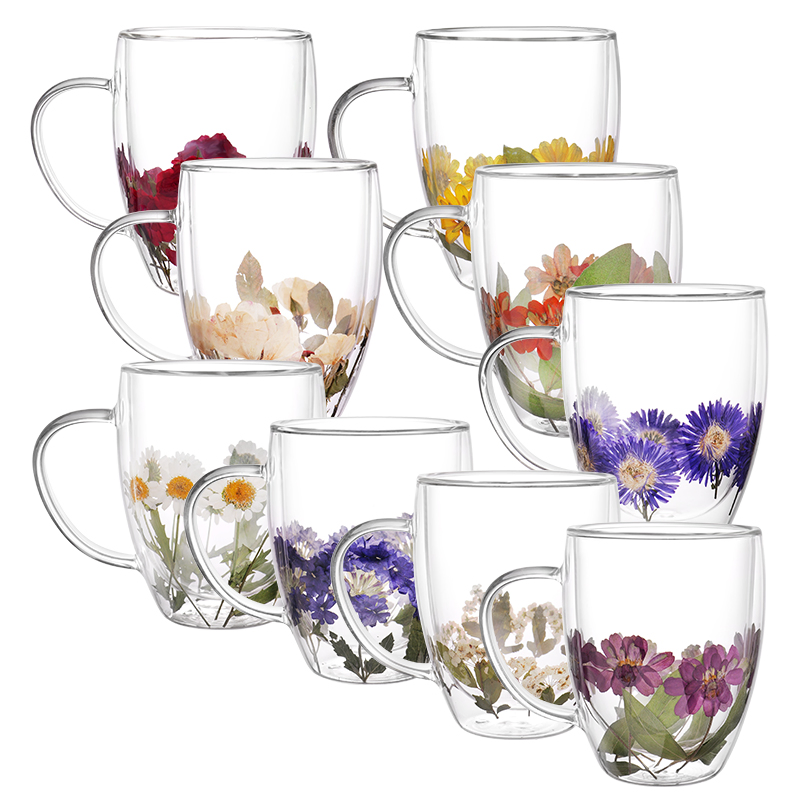9 Kinds of Amazing Looking Appearance Dry Flower Double Glass Water Coffee Milk Cup
