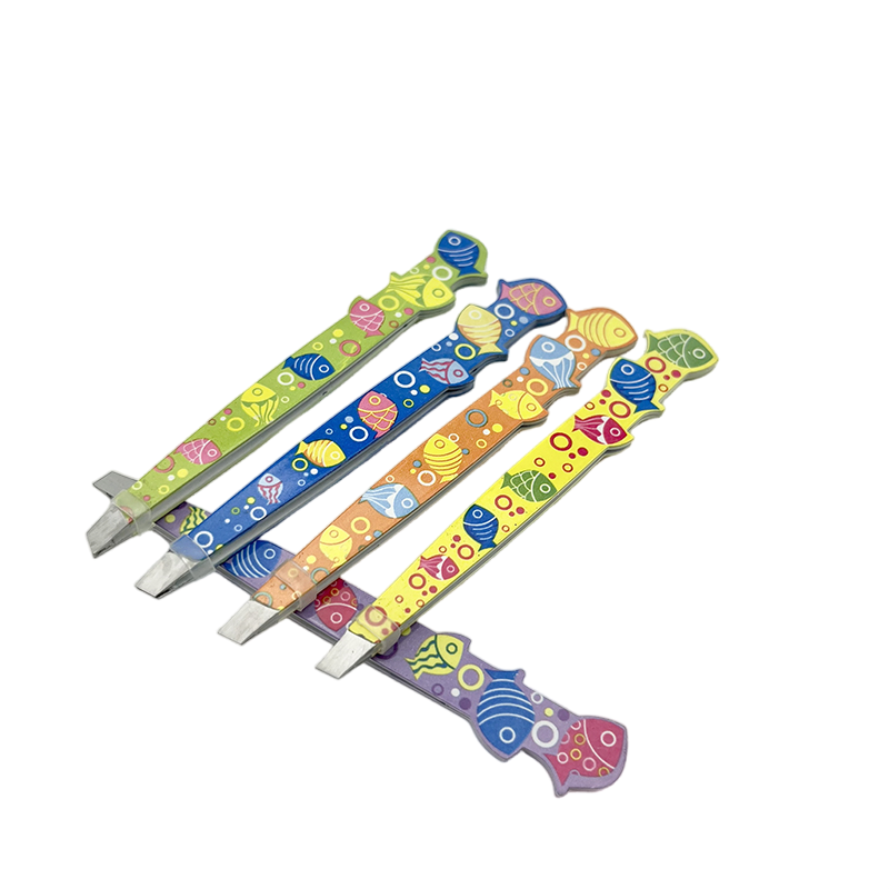Stainless Steel Slanted Tip Beauty Saloon Eyebrow Tweezers with Different Shapes Fish Printed Design