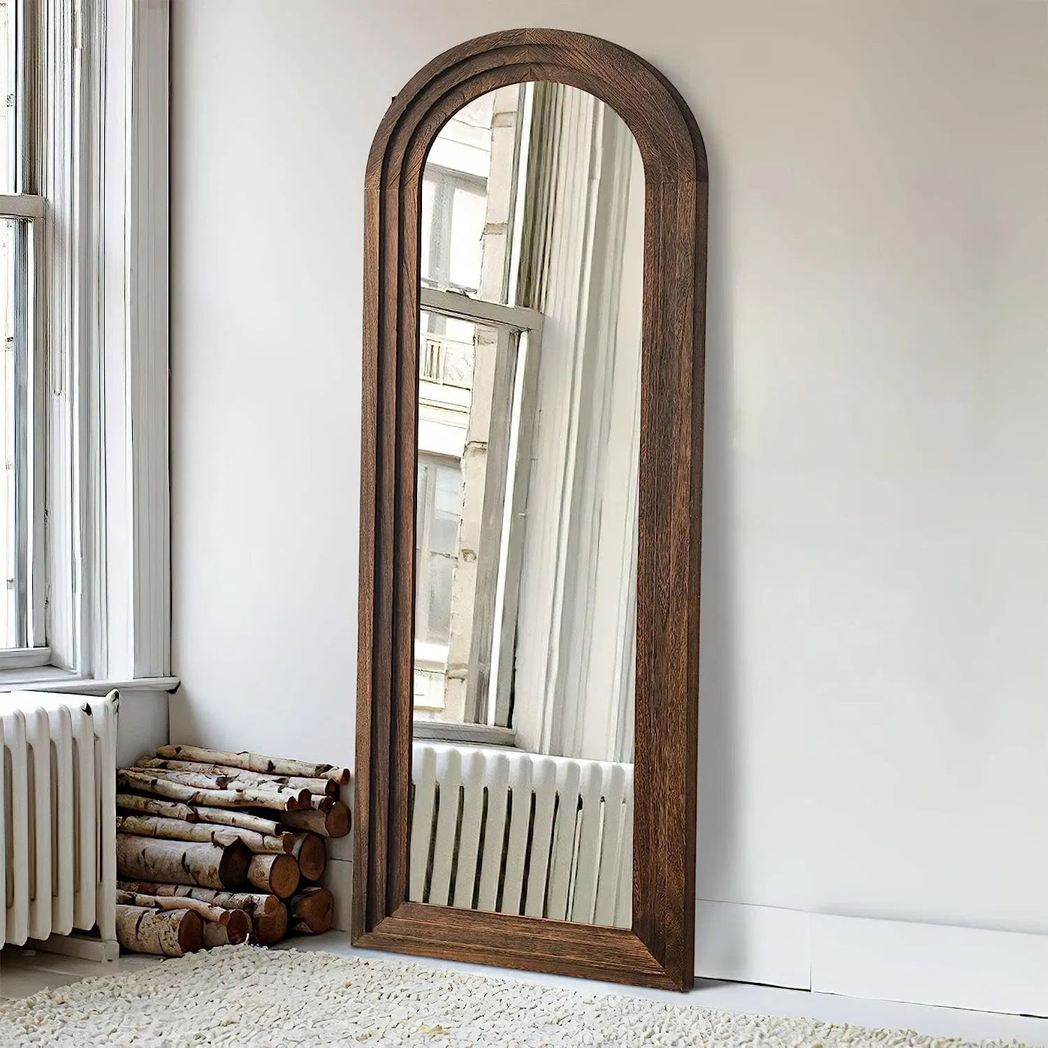 Arched Floor Mirror Wood Frame Wall Mounted Mirror Distressed Style Wide Frame Dressing Make up Mirror for Bathroom/Bedroom/Living Room/Dining Room/Entry
