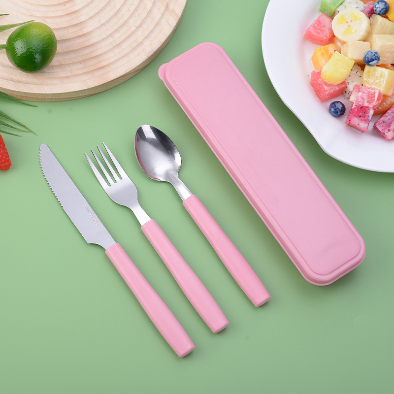 Portable 3-Piece Stainless Steel Cutlery Set Knife, Fork and Spoon with Plastic Handle
