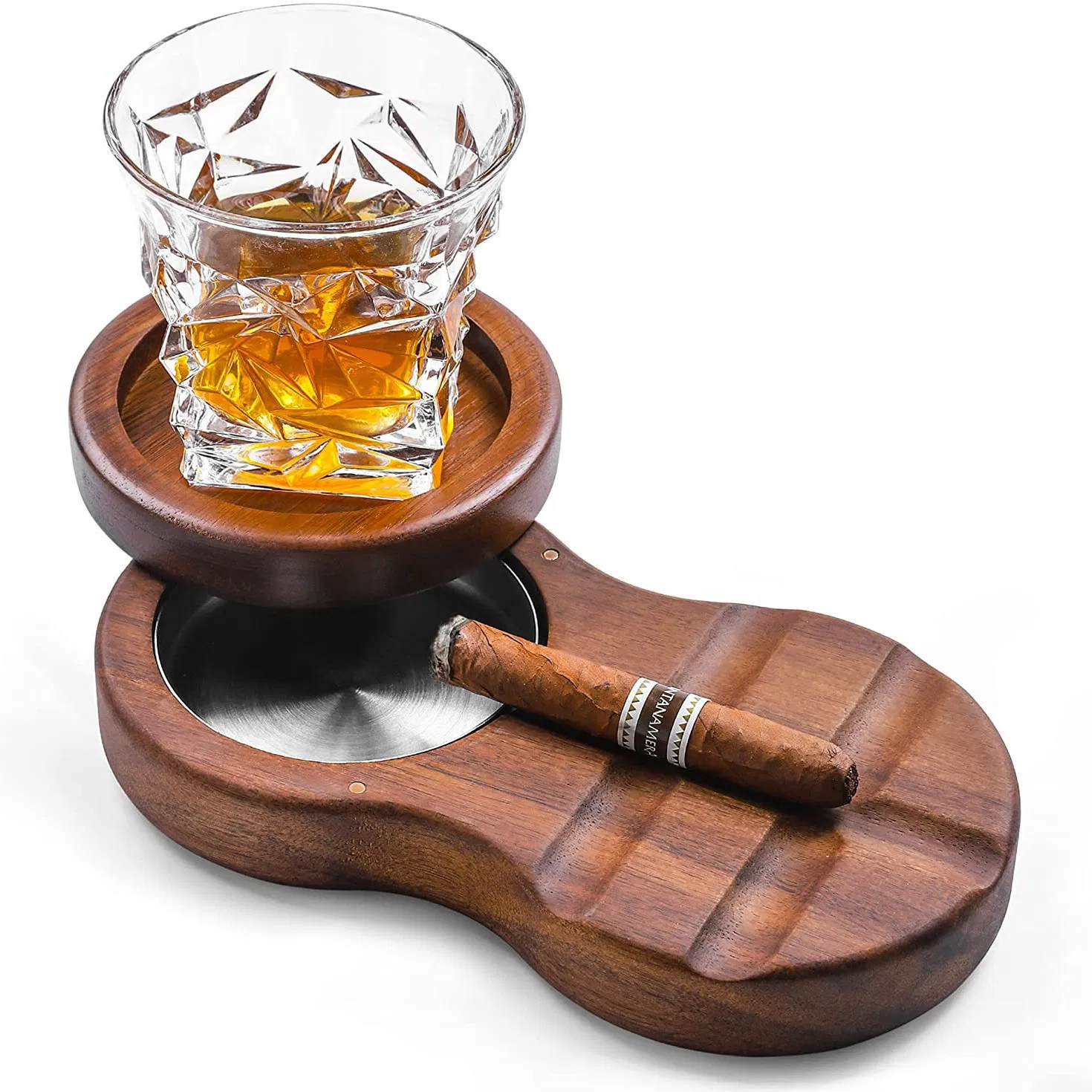 Wooden Cigar Ashtray Whiskey Glass Tray and Cigar Holder Ez29779