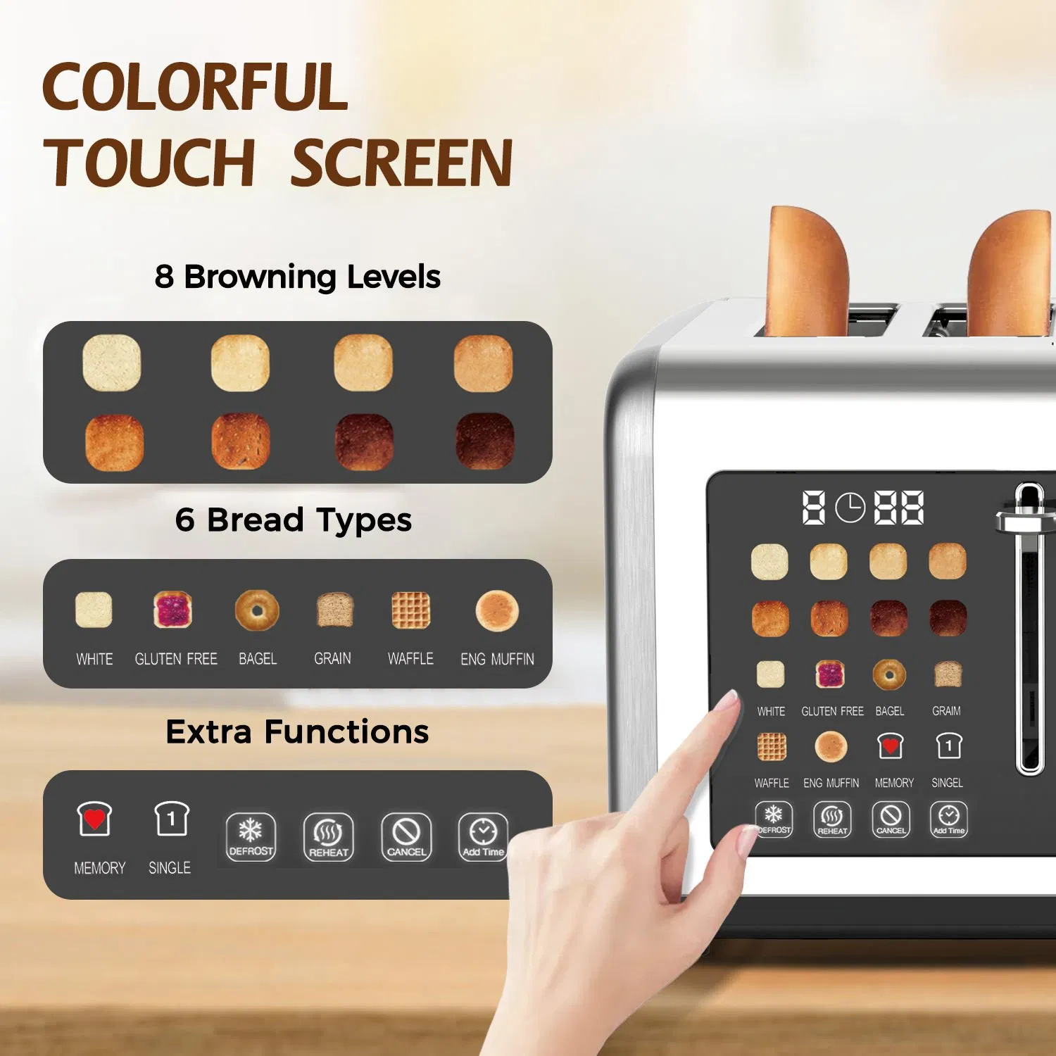 4 Slice Toaster with Super Large Digital Screen, Shows The Selected Toast