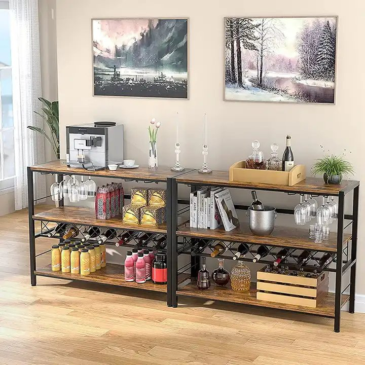 Multi-Functional Shelf Stand Type Simple Metal Wooden Iron Wine Kitchen Storage Rack Fruit Rack Display Shelf for Home Decor