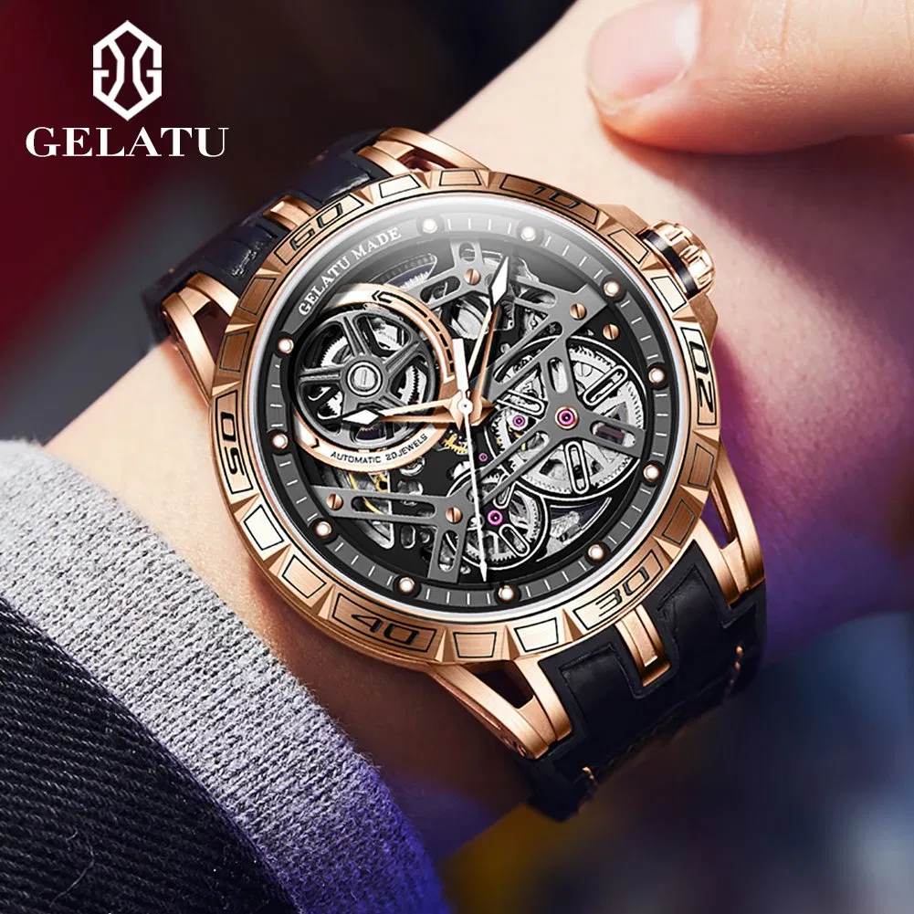 OEM ODM Stock Gelatu 6015 Custom Logo Skeleton Luxury Tourbillon Waterproof Mechanical Watch