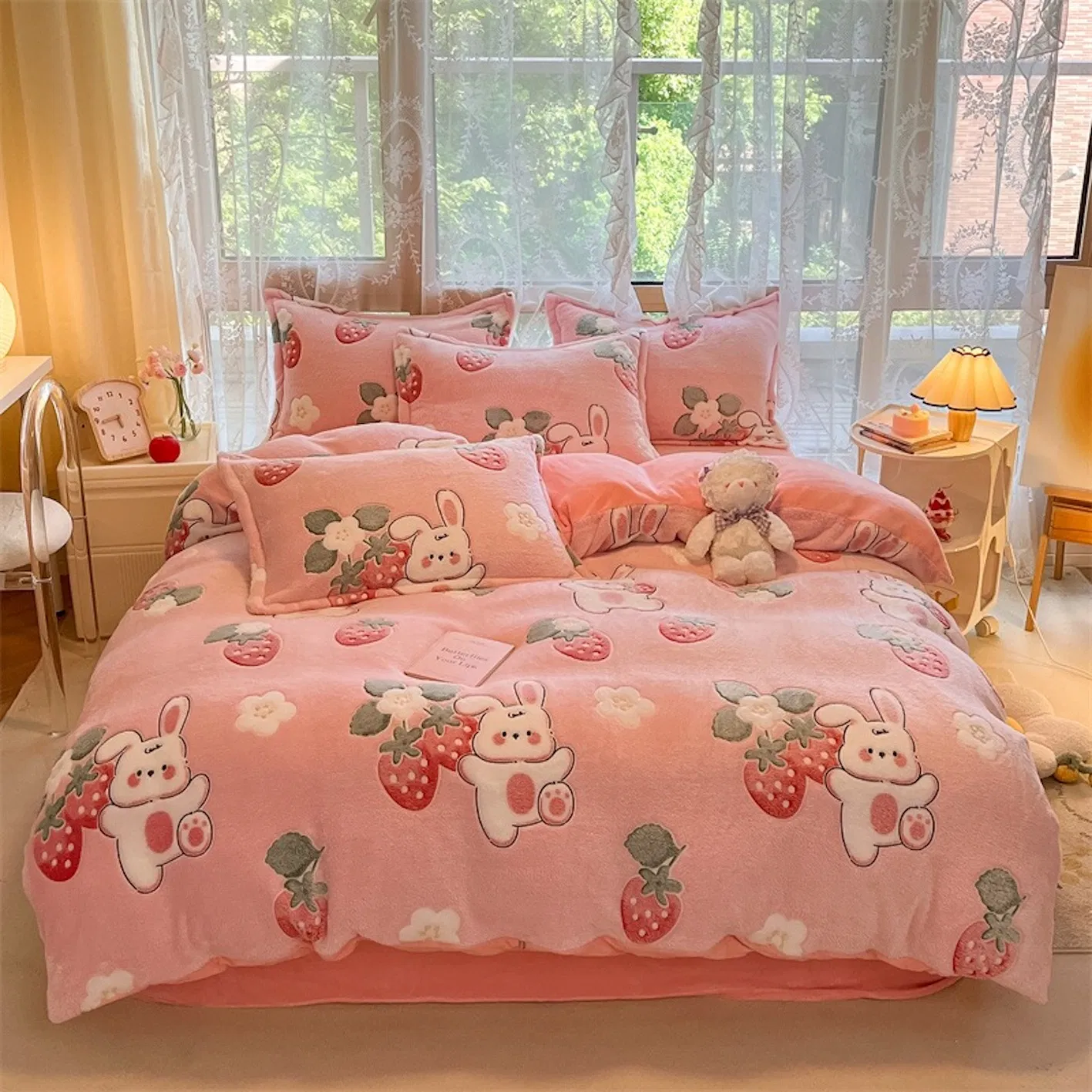 Pink Rabbit Printed Pure Cotton Duvet Cover Flat Sheet Pillowcases Children Sabanas Bed Linen Skin-Friendly Quilt Comforter Cover Kids Queen Bedding Set