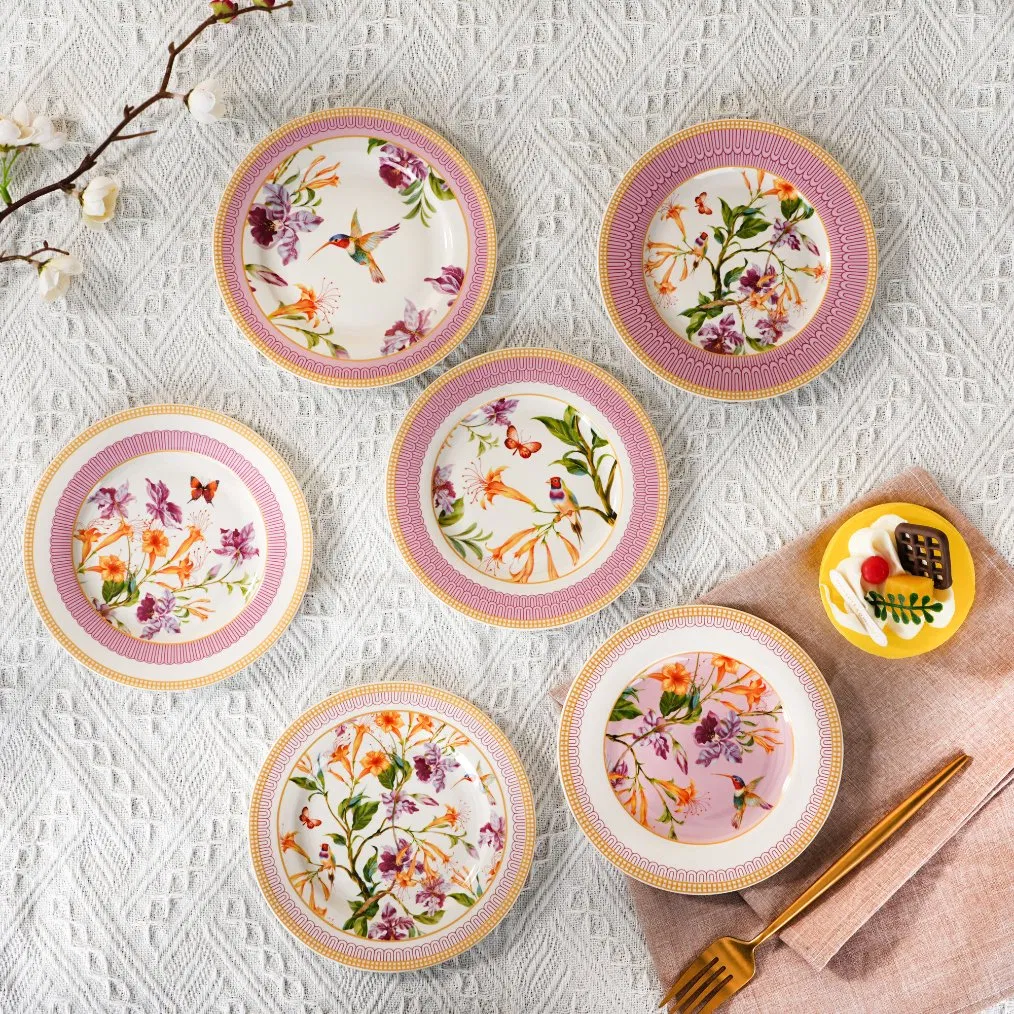 Pink Floral 6 Inch New Bone China Dishes Ceramic Dinner Plate Set