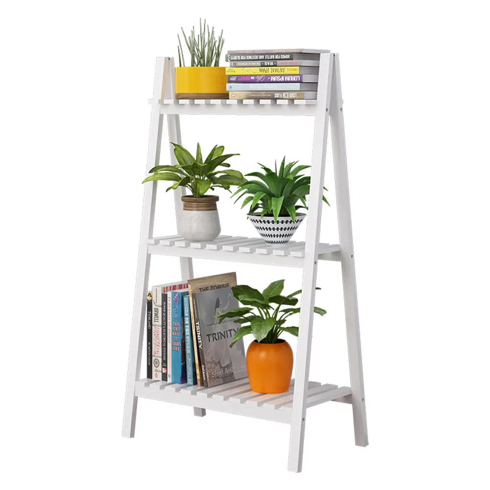 Pastoral Solid Wood Three-Layer Folding White Flower Stand