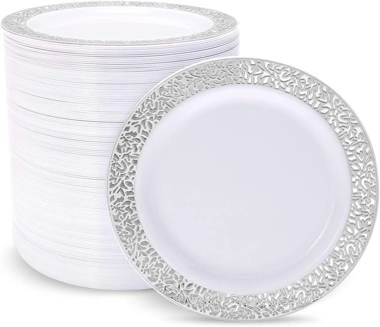 Silver Plastic Plates 10.25 for Big Party White with Silver Lace Rim Disposable Dinner Plates Heavy Duty for Party Wedding Birthday
