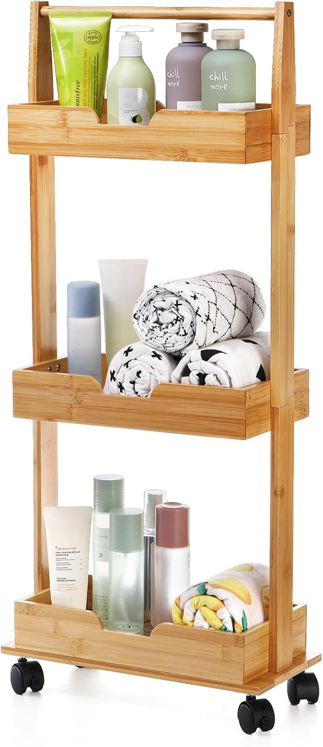 Bamboo Household Bathroom with Wheels, Washing and Care Products, Three-Layer Storage Rack