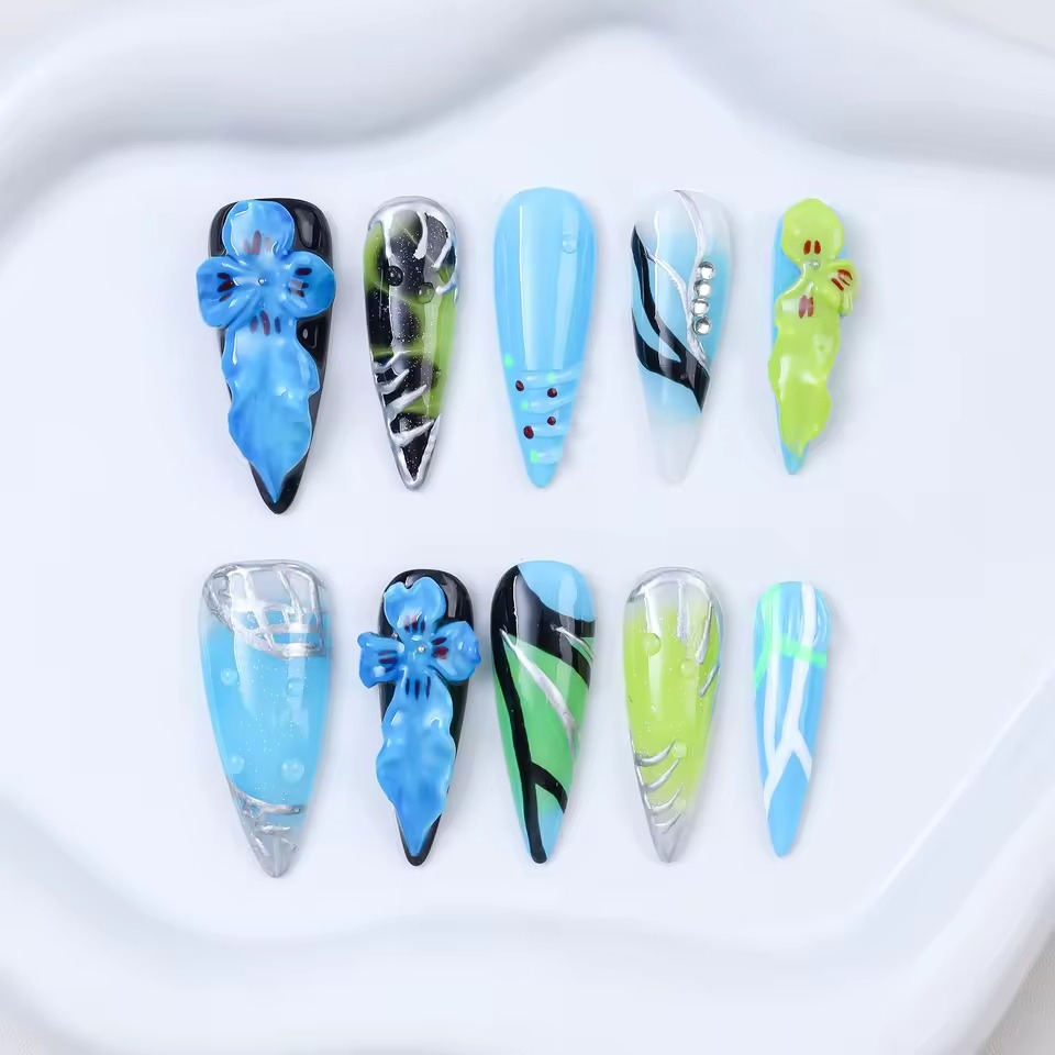 New Design 10PCS Blue Flower Acrylic Stiletto Handmade Press on Nails