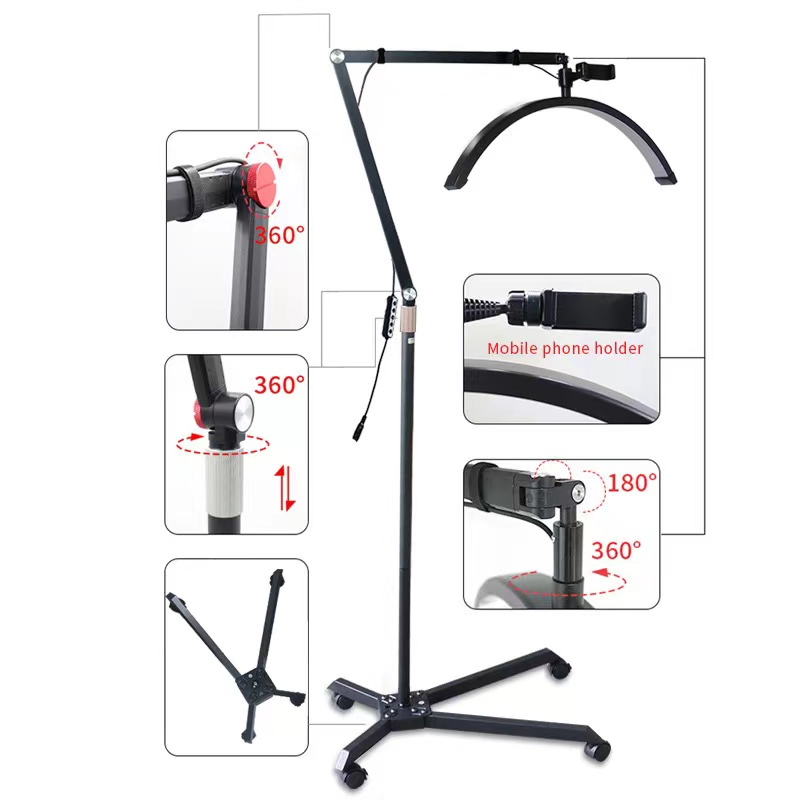 28inch Half-Moon Lash Light, LED Lamp for Eyelash Tech 2 in 1 Floor Lamp for Beauty, Makeup Studios, Nail Tech with Phone Holder