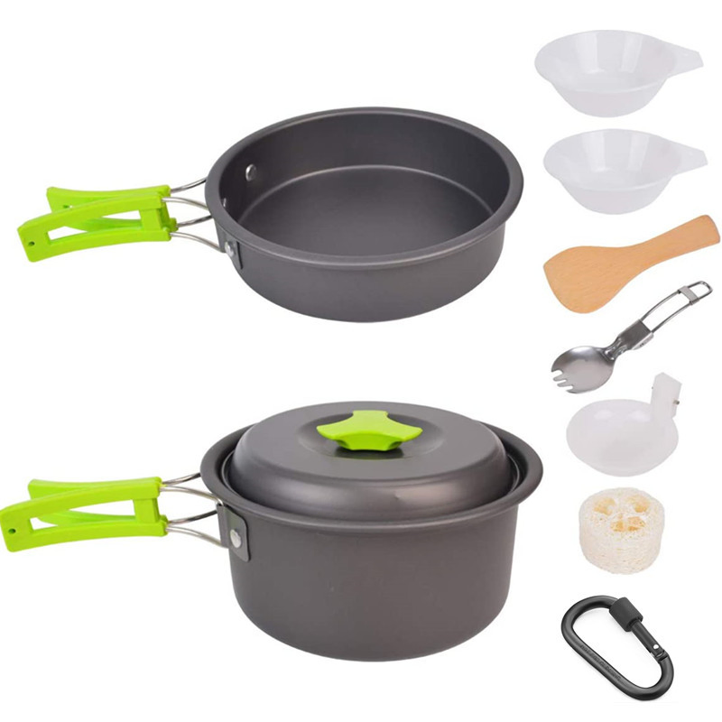 Small Pot and Frying Pan Outdoor Customized Camping Cookware Hard Alumina Portable Ultra Light Camping Cooker Set for 1-2 Person Use