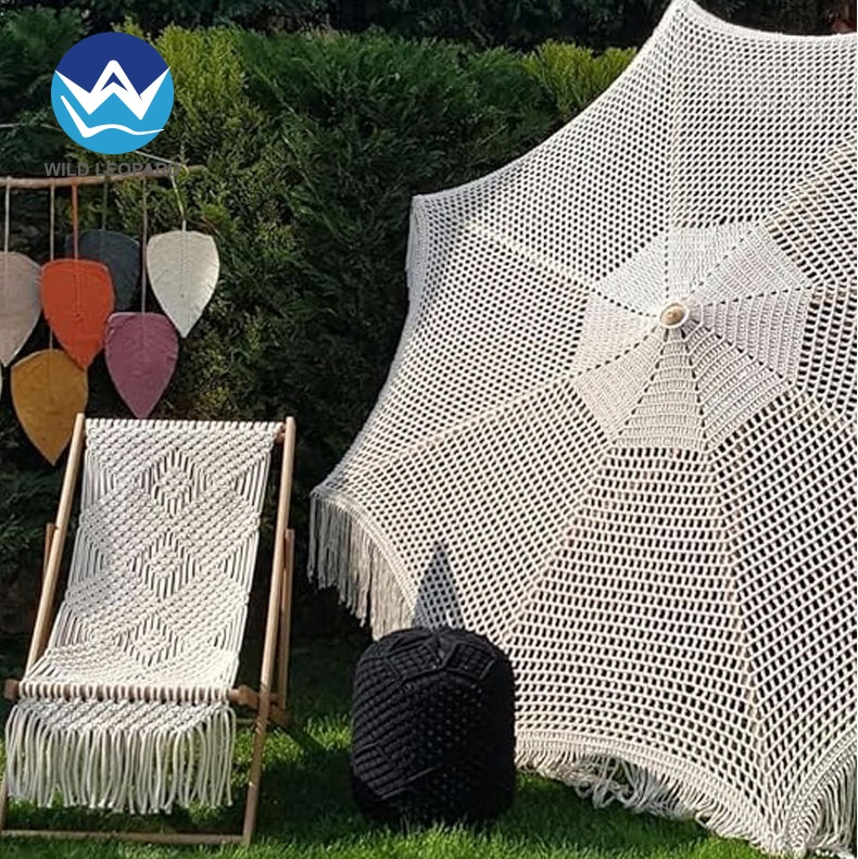 Пляжный зонт макраме с кистями, деревянная ручка