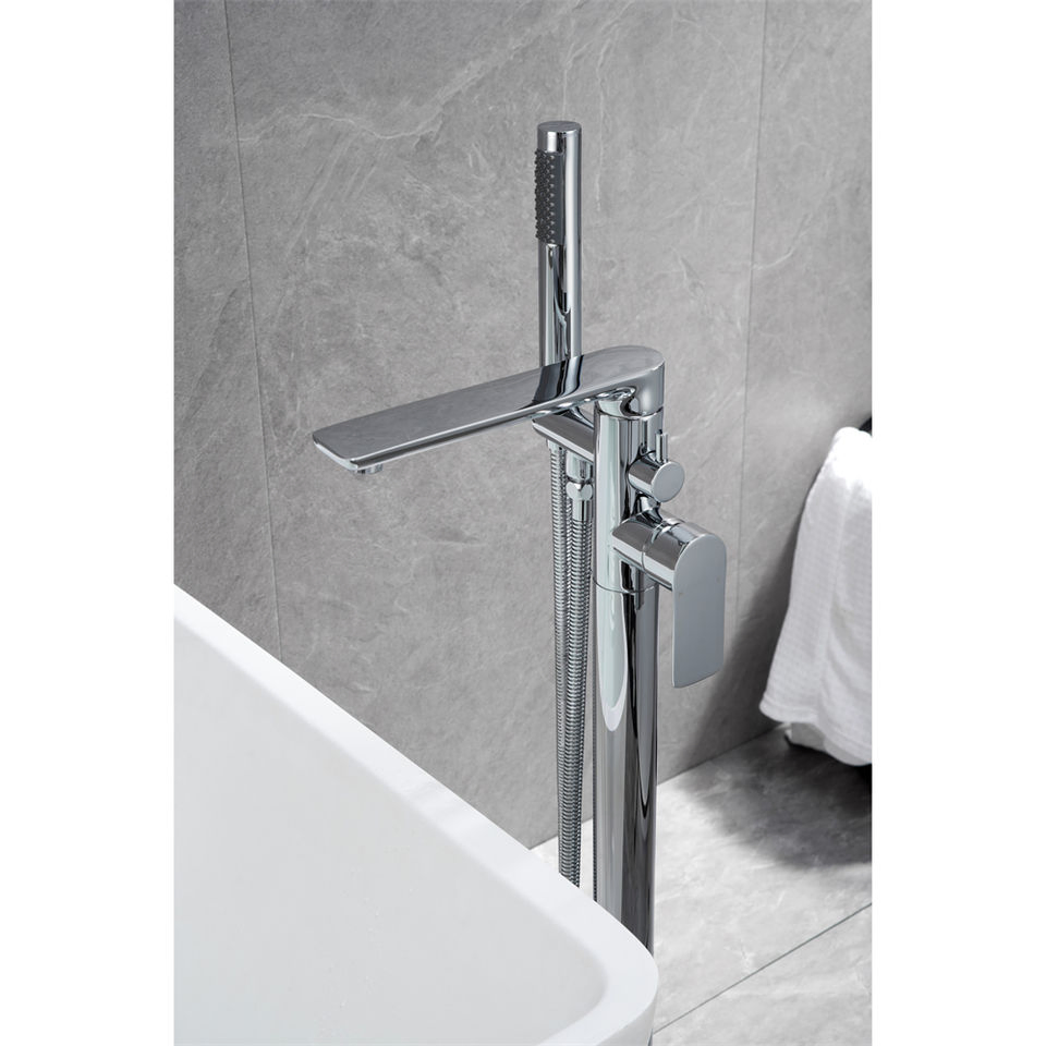 Bathroom Brass Chrome Finished Freestanding Floor Mounted Modern Bathtub Faucet