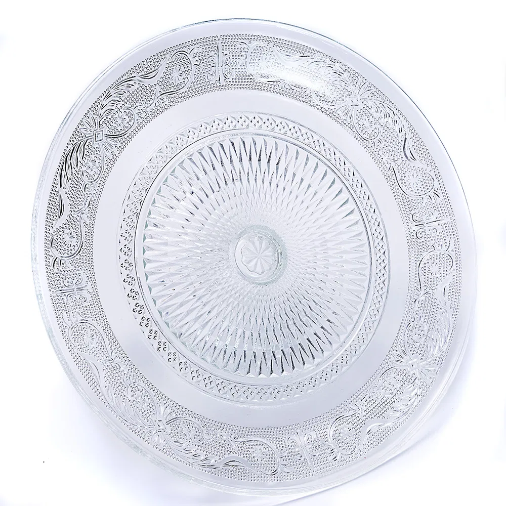 Home Party Wedding Bar Office Luxury Round Crystal Glass Pattern Nut Cake Dish Dry Fruit Glass Tray Set