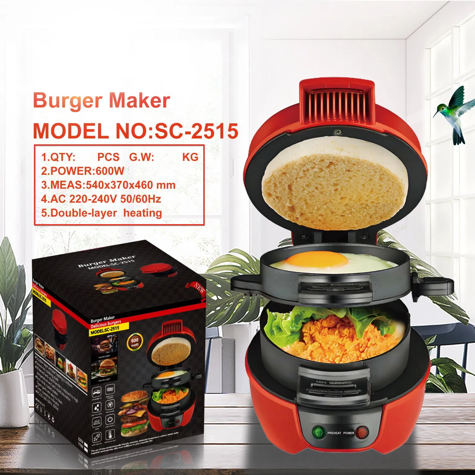 Portable 600W Breakfast Sandwich Maker Egg Cooker Ring Easy Clean Non-Stick Burger Sandwich Omelette Toaster for Household Use