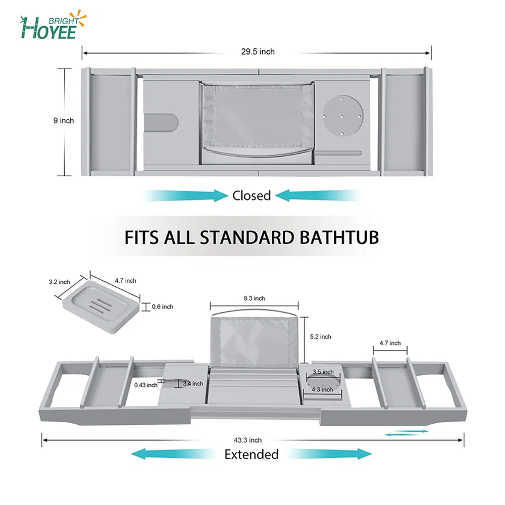 Luxury Bamboo Bathtub Caddy Tray with Book and Wine Holder, Bath Accessories & Bed Tray with Extending Sides, Gray