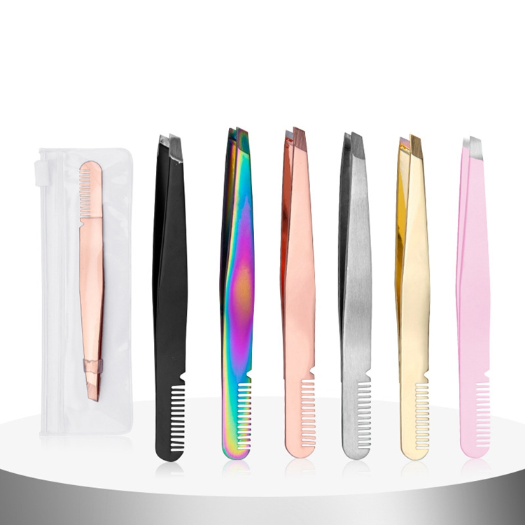 Professional 2 in 1 Hair Removal Trimming Custom Color Multifunction Stainless Steel Eyelash Tools Eyebrow Tweezers with Comb