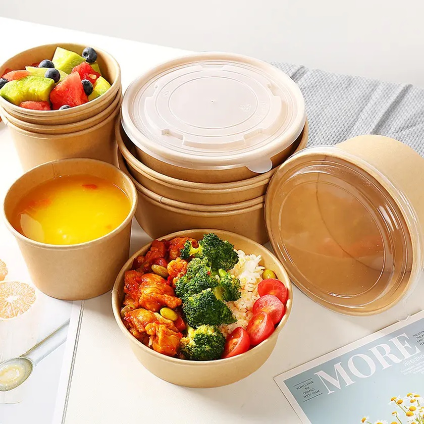 Disposable Kraft Paper Salad Paper Bowl with Lid for Fast Food