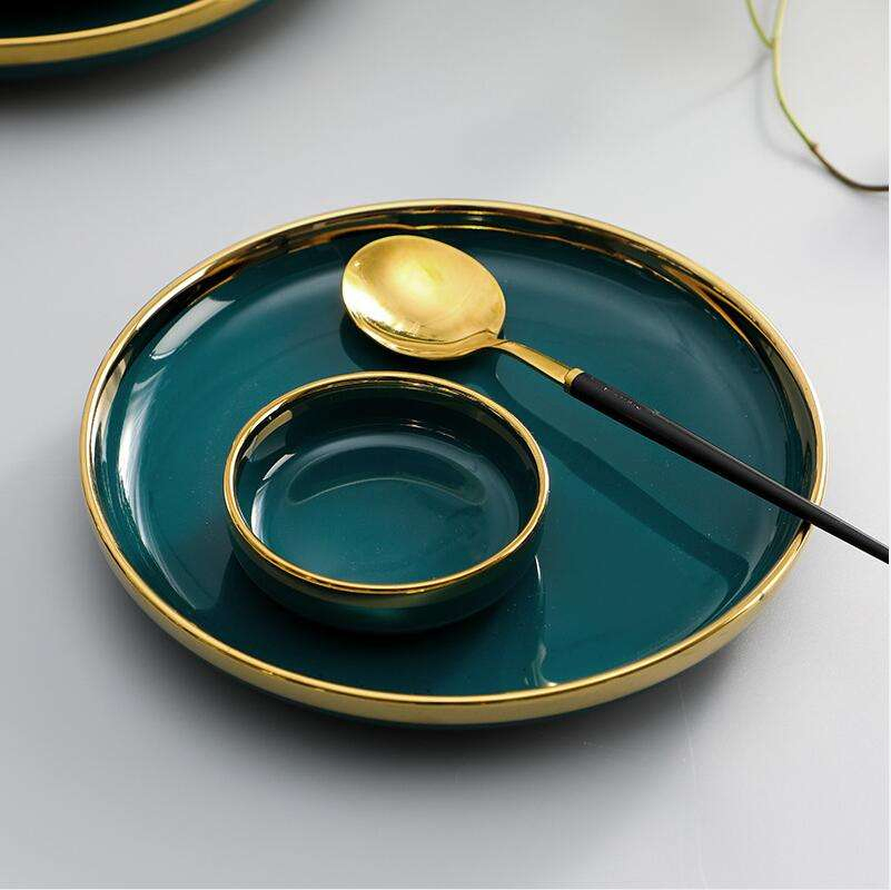 Nordic Light Luxury Golden Border Ceramic Dishes Dishes Tableware High Grade Grandmother Green Household Dishes Steak Plate