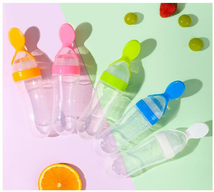 Baby Training Feeder Silicone Squeeze Baby Feeding Bottle with Spoon for Baby Products