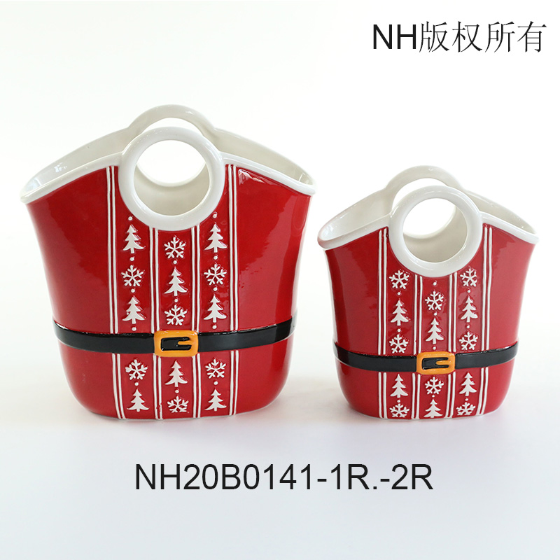 Red Background Bowl with White Tree and Green Line Ceramic Salad Fruit Serving or Soup Bowl with Two Handle Custom Shaped