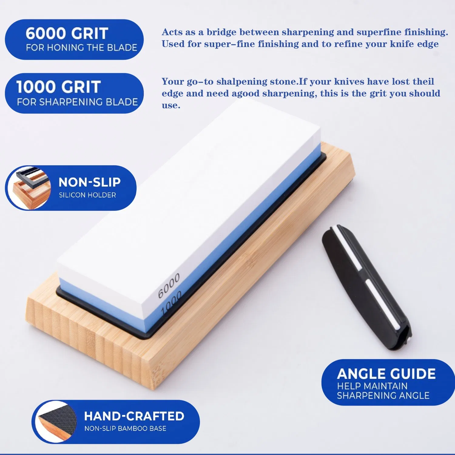 1000/6000 Grit Knife Sharpening Stone with Angle Guide Non-Slip Bamboo Base