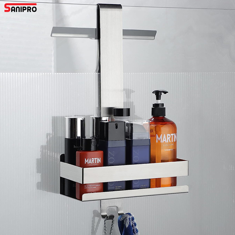 Sanipro Wall Mounted Shower Glass Door Hanging Basket Organizer Rack Stainless Steel Bathroom Storage Shelf