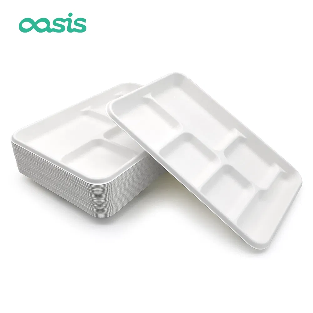 Eco Friendly Sugarcane Bagasse Biodegradable Compostable Disposable Paper Food Tray with Compartments for School