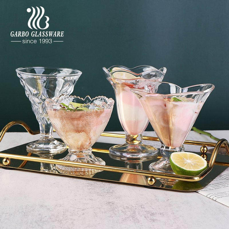 Glass Ice Cream Bowl with Stand Engraved Glass Goblet for Martini Ice Cold Drink Best in Summer 215 Ml Glass Dessert Cup with Stand in Stock
